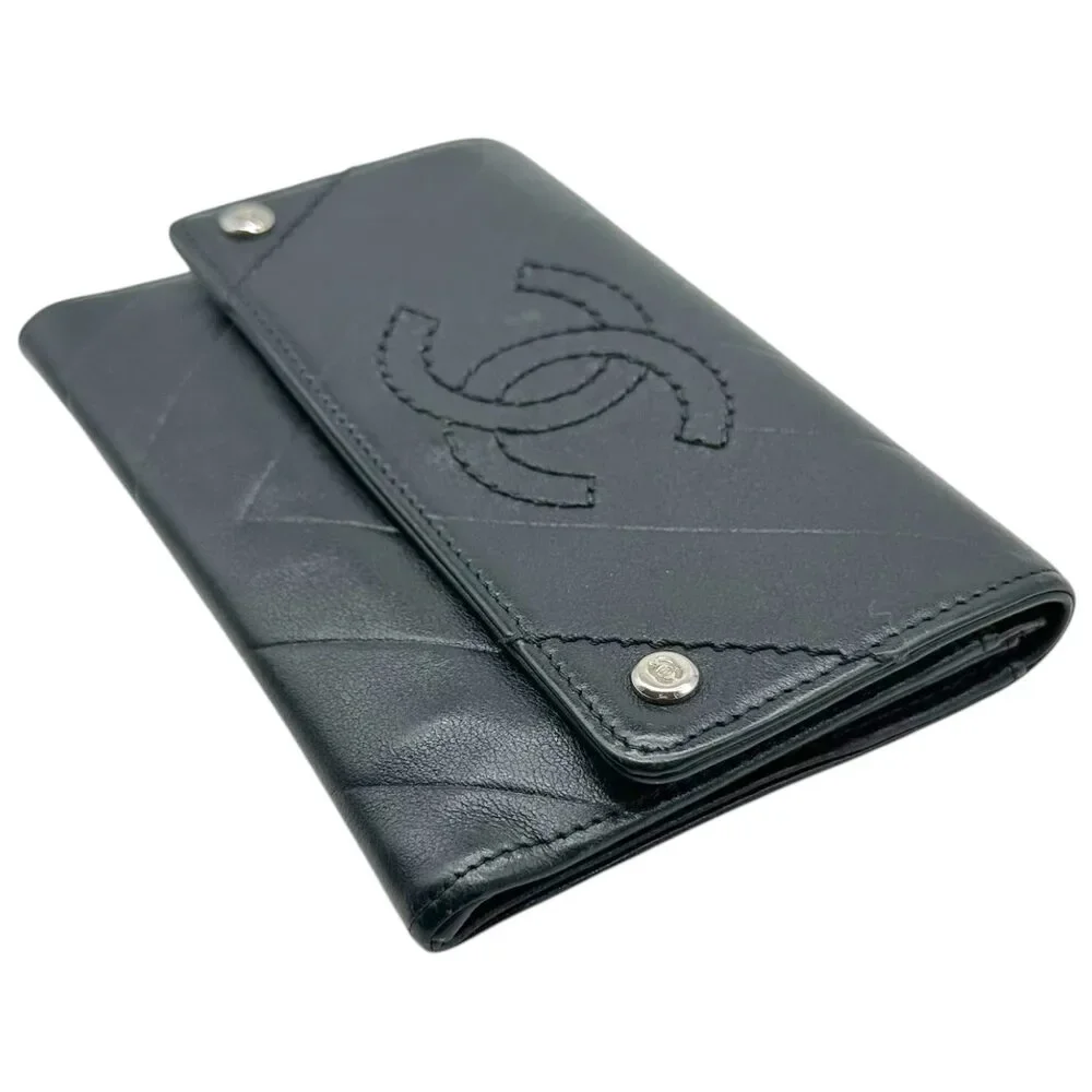 Chanel Black Leather Chevron Embroidered Logo Wallet - Picture 6 of 7